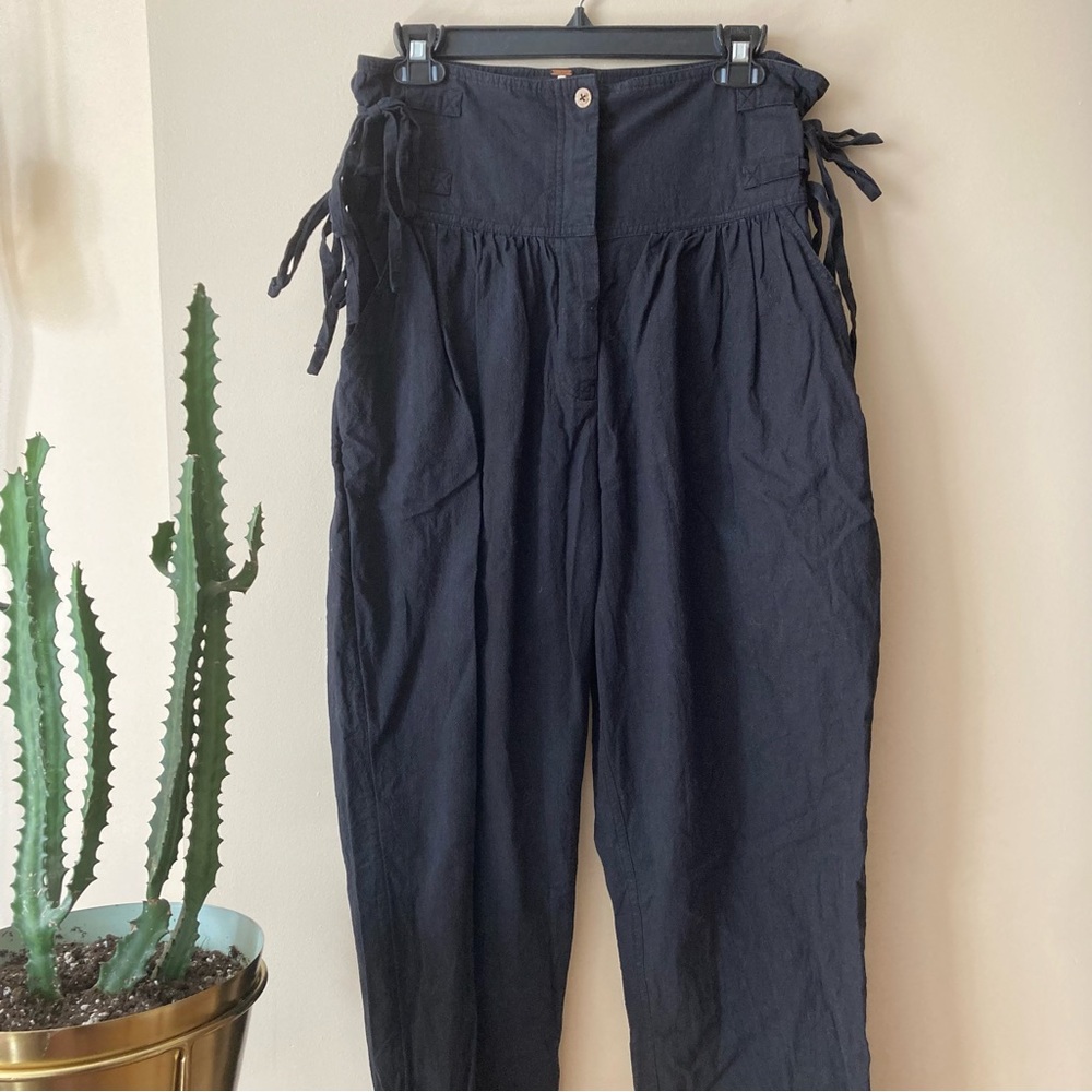 Free People Black Button Fly Waist Tie Straight Cotton Trousers